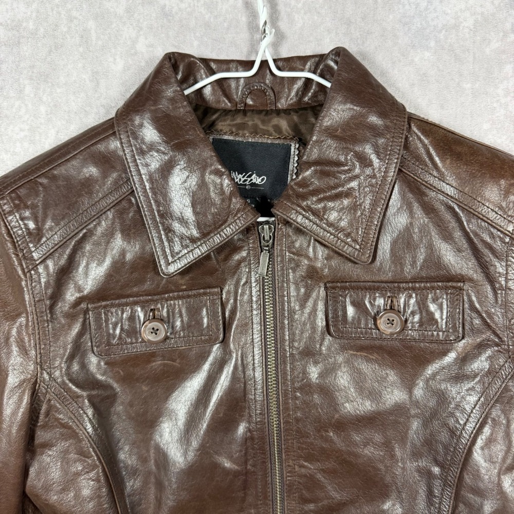 VTG Y2k 2002 Mossimo Womens Small Brown Faux Leather Cropped Moto Trucker Jacket - Picture 3 of 11